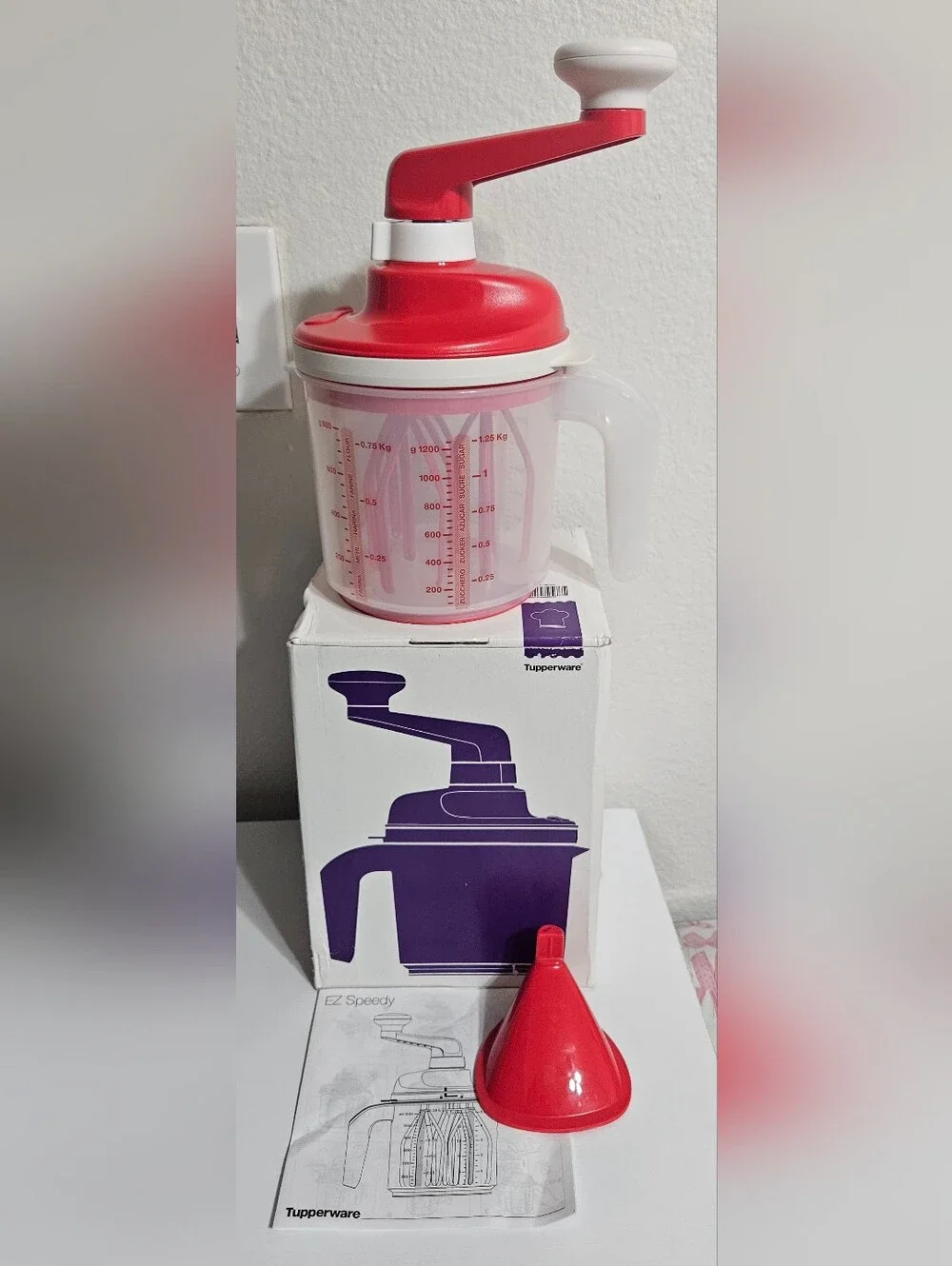 Tupperware Red Manual EZ Speedy Chopper with Clear Container and Red Funnel